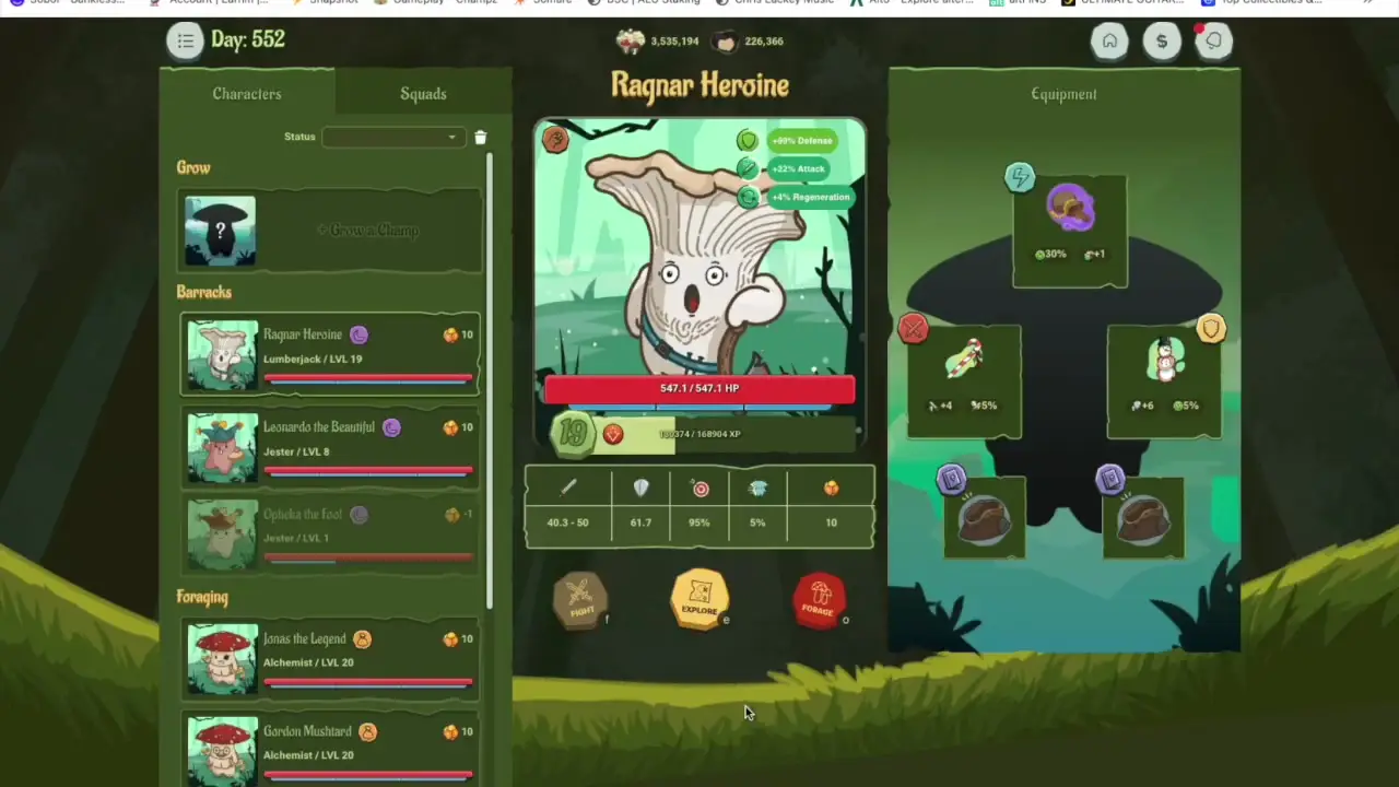 The Champz game interface displays the character Ragnar Heroine in the center panel against a forest background, flanked by lists of other characters and equipped items on either side.