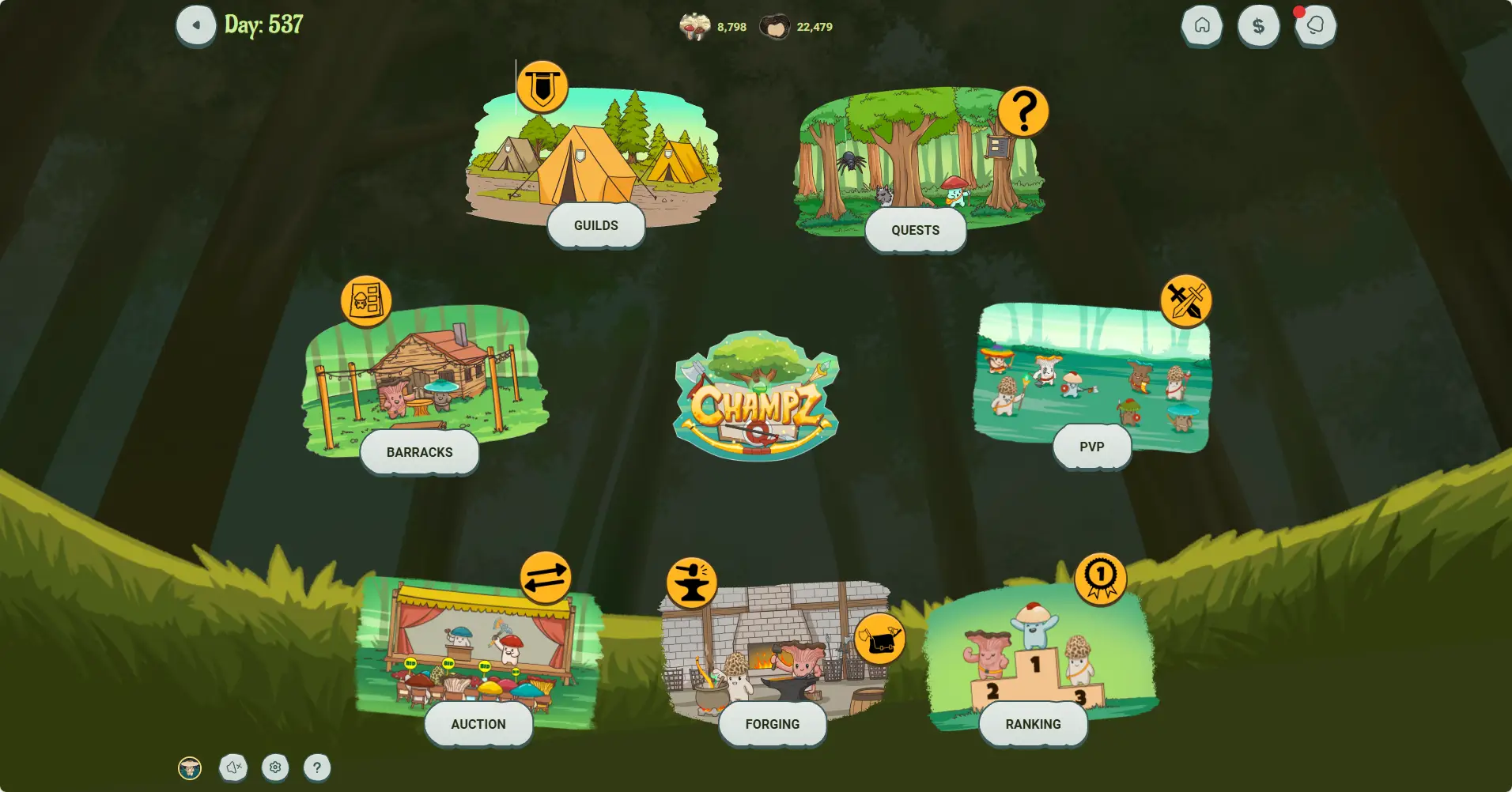 The main menu of Champz displays seven interactive options for Guilds, Quests, Barracks, PVP, Auction, Forging, and Ranking set against a dark forest background with the game's logo in the center.