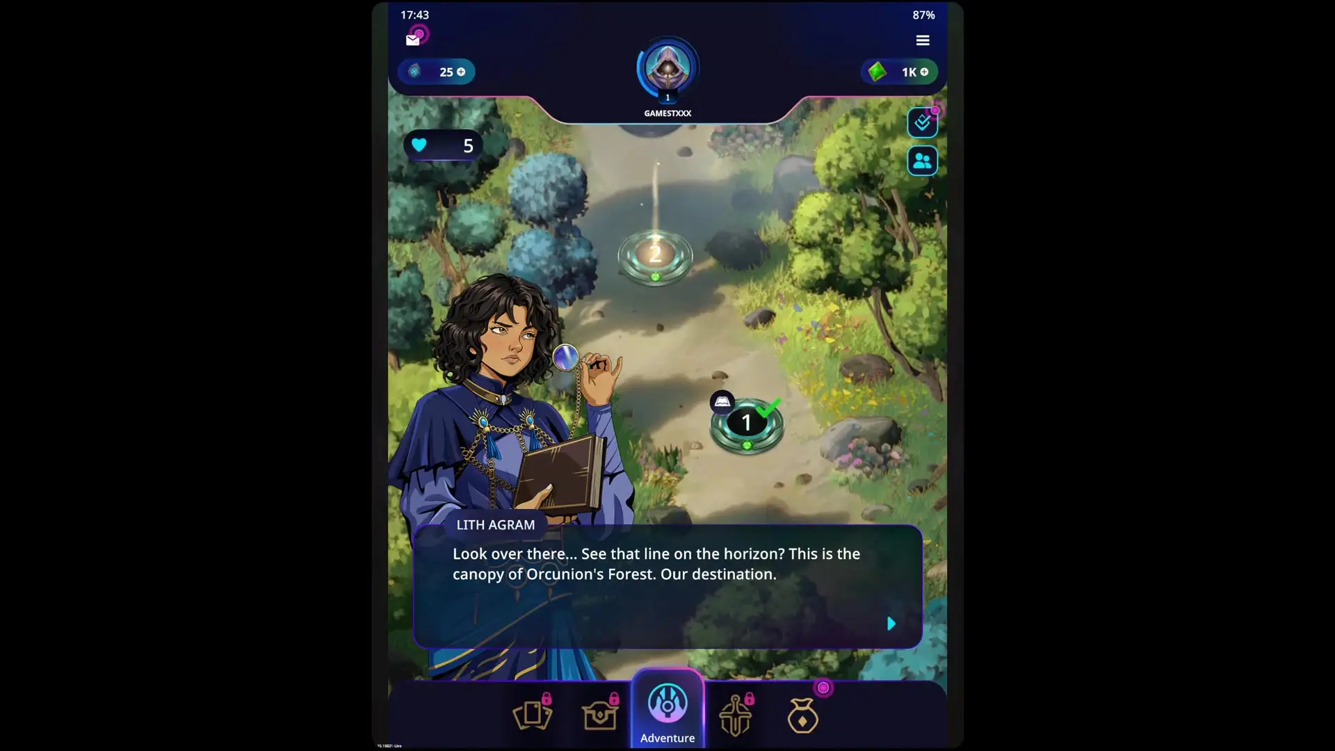 In this screenshot from Cross The Ages: BLAST, the character Lith Agram stands in a forest setting holding an orb and book while speaking about Orcunion's Forest as their destination on a path marked with numbered nodes.