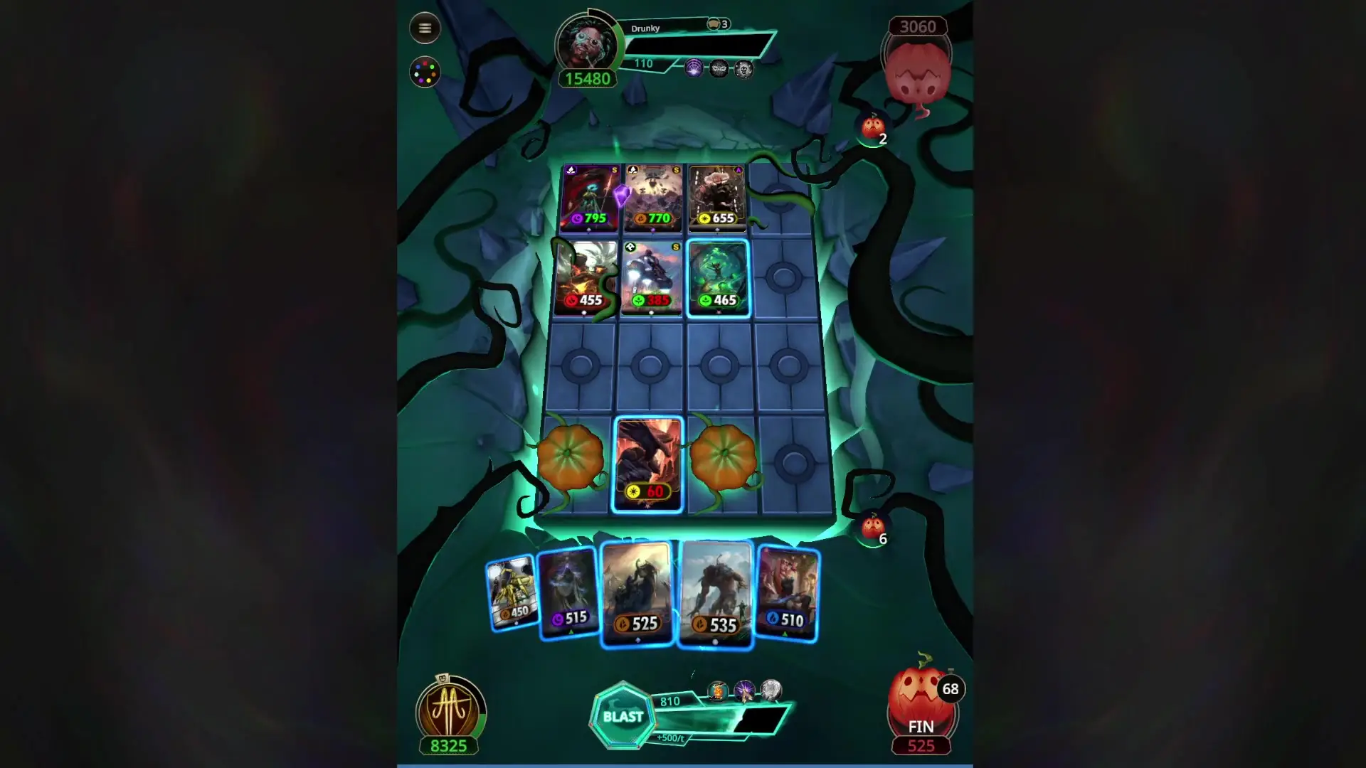In this gameplay screenshot from Cross The Ages: BLAST, character cards are arranged on a grid battlefield surrounded by dark vines and pumpkin-themed obstacles while the player manages their hand of available units at the bottom.