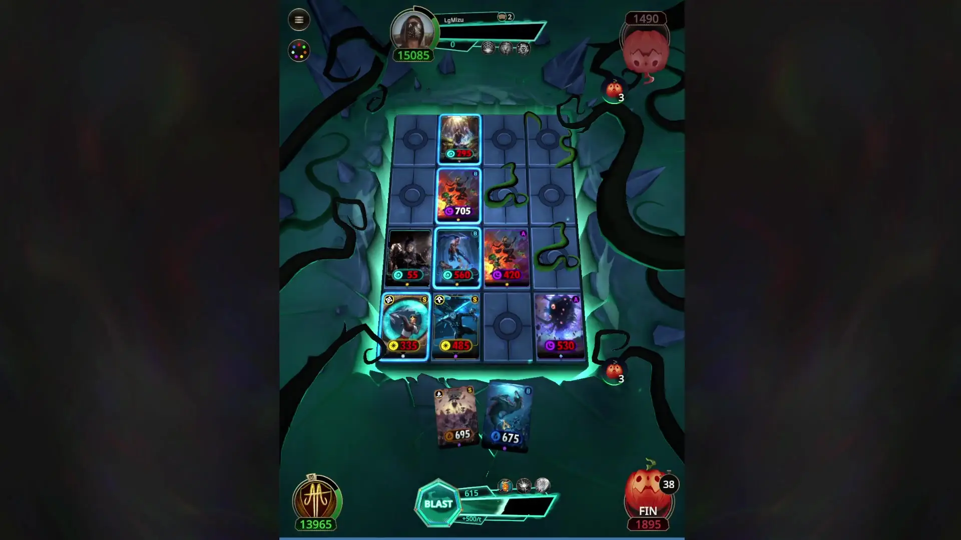 In this screenshot from Cross The Ages: BLAST, several character cards are arranged on a grid within a dark, cavernous environment featuring glowing green vines and stone tiles.