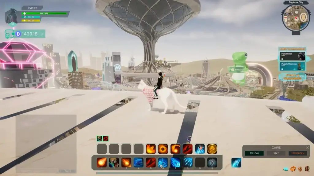 In World Of Dypians, a character rides a large white cat across a futuristic cityscape featuring modern architecture and holographic displays under an overcast sky.