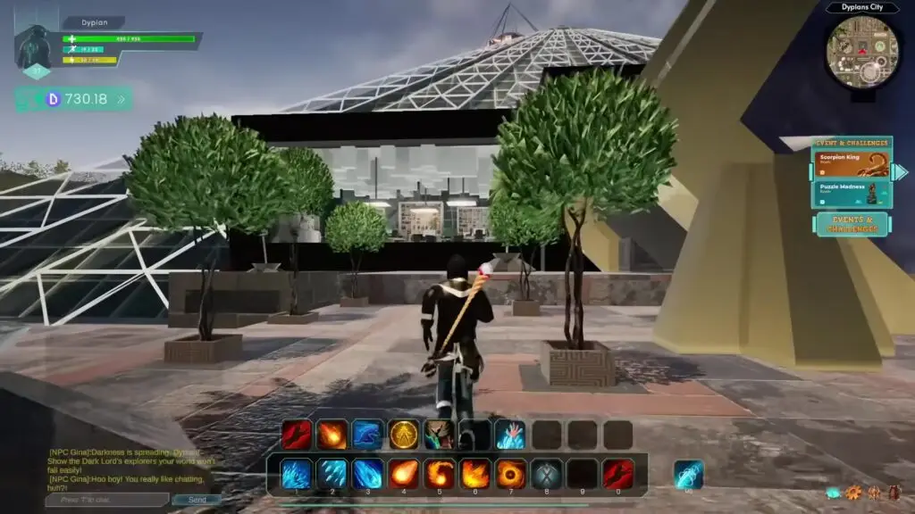 In World Of Dypians, a character equipped with a large weapon stands on a paved plaza surrounded by potted trees and modern glass structures under an overcast sky.