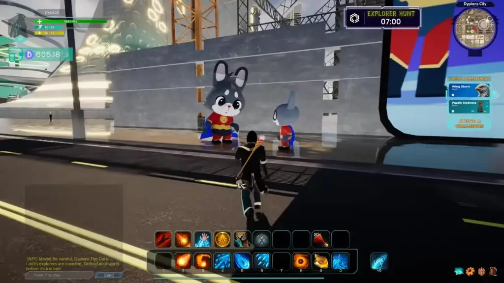 In World Of Dypians, a player character in dark clothing walks along an urban street toward two large rabbit-like mascots wearing superhero capes and standing near a construction site wall.