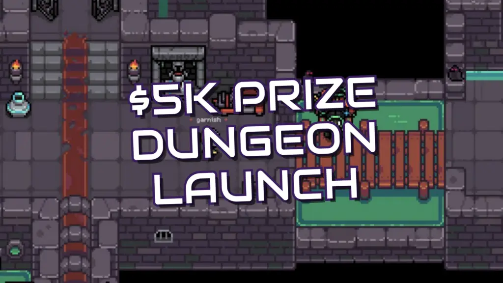 In this pixel-art screenshot from gigaverse, two characters are positioned within a stone dungeon environment featuring lava pits and wooden barricades beneath the overlaid text "$5K PRIZE DUNGEON LAUNCH".