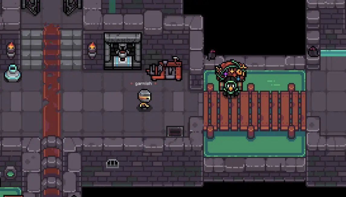 In this pixel-art scene from Gigaverse, two characters stand within a stone dungeon corridor; one named 'garnish' faces an orange cart and a windowed alcove, while the other stands on a green platform behind wooden barricades.
