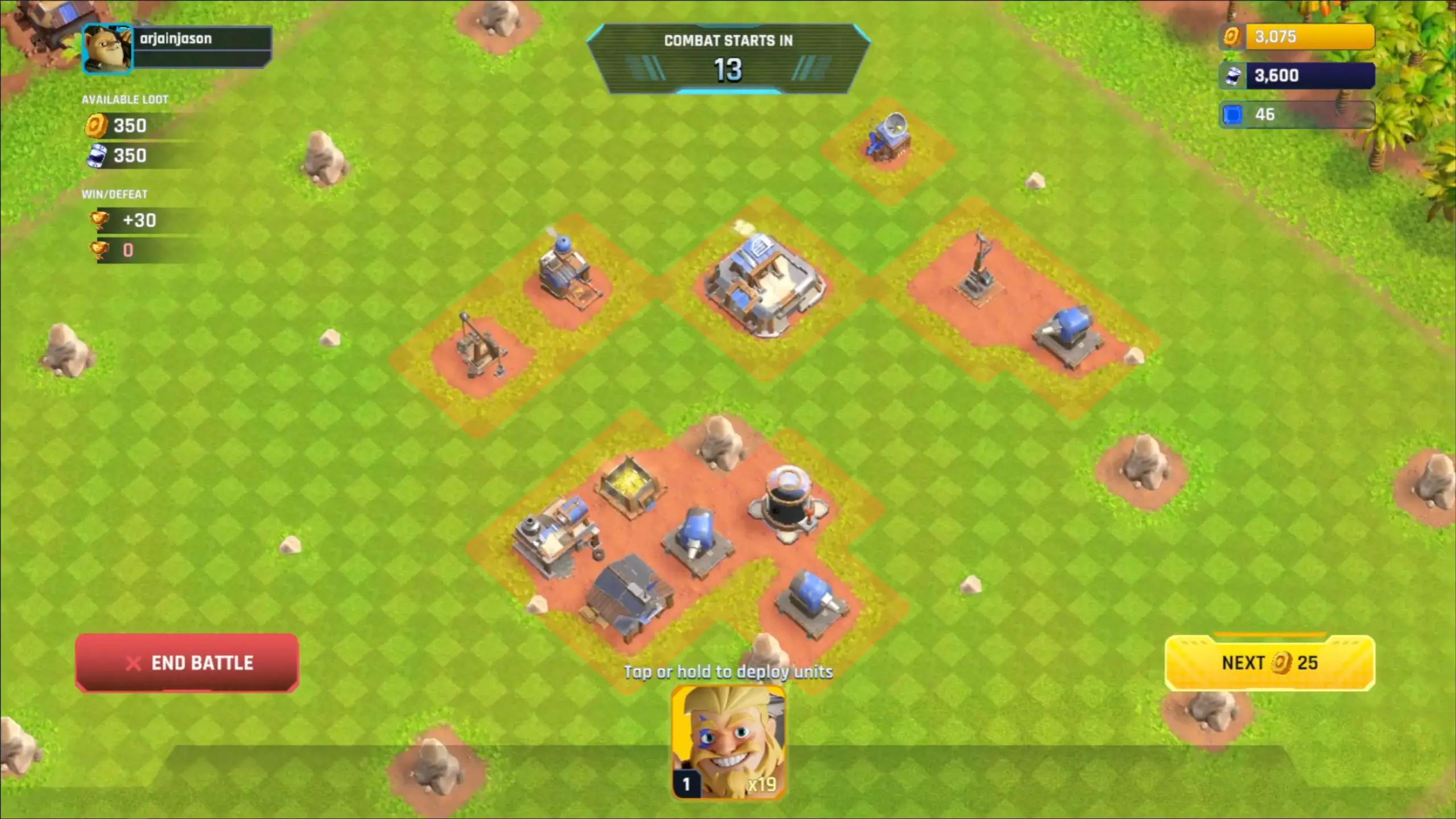 In this screenshot from Heroes Of Mavia, an isometric view shows a grassy battlefield where various defensive structures and resources are arranged on designated plots before combat begins in thirteen seconds.