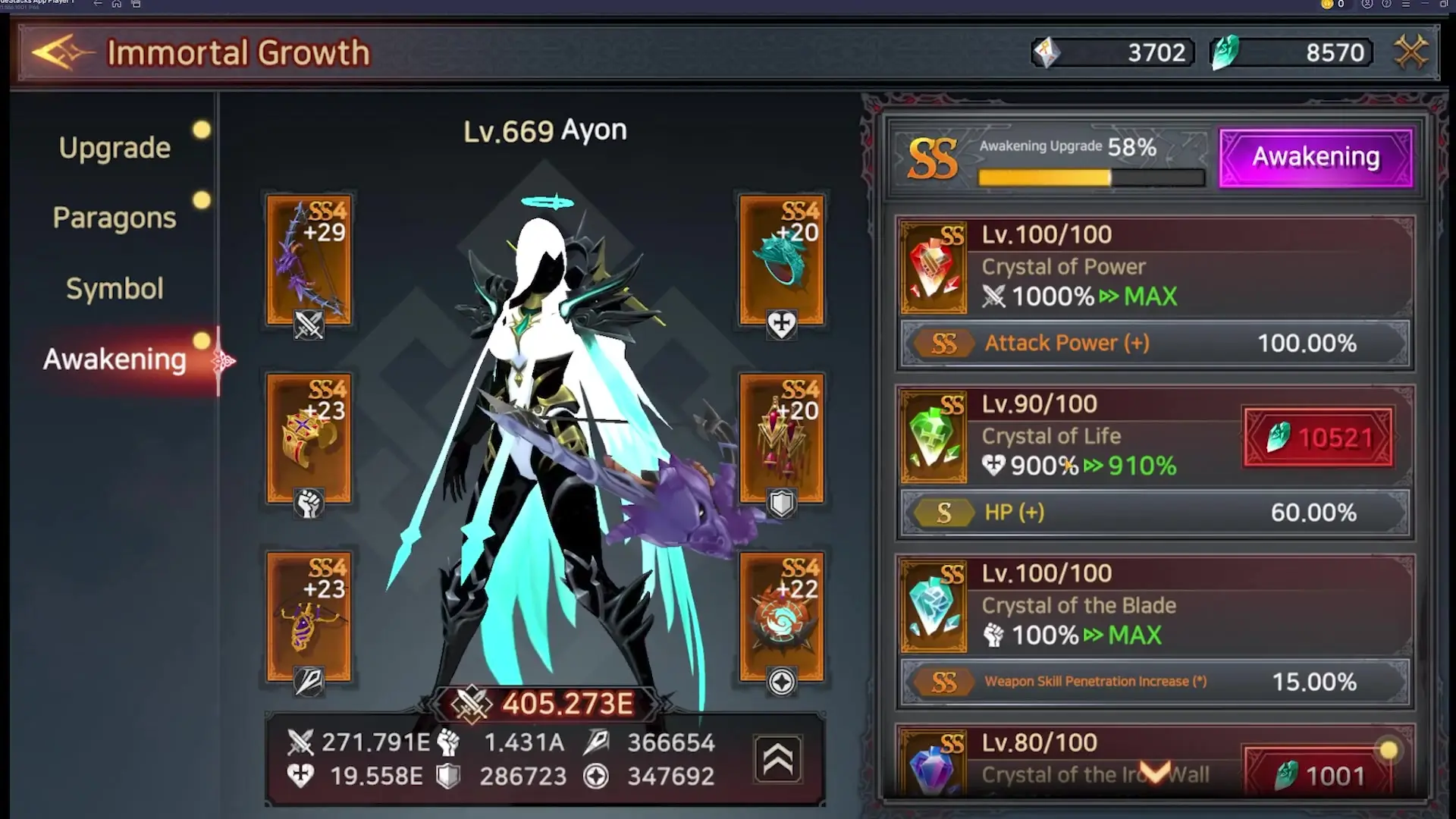 In this screenshot from Immortal Rising 2, the character Ayon at level 669 is displayed in the center of the 'Immortal Growth' menu surrounded by equipped gear and detailed statistics on the right.