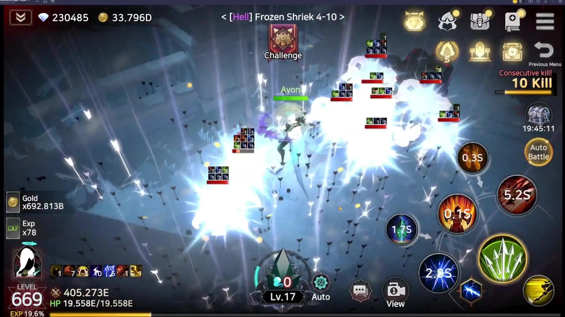 In Immortal Rising 2, the character Ayon is shown in mid-air during an intense battle on stage Frozen Shriek 4-10, unleashing a powerful area-of-effect attack that creates bright white explosions and sends numerous arrows flying across the dark arena.