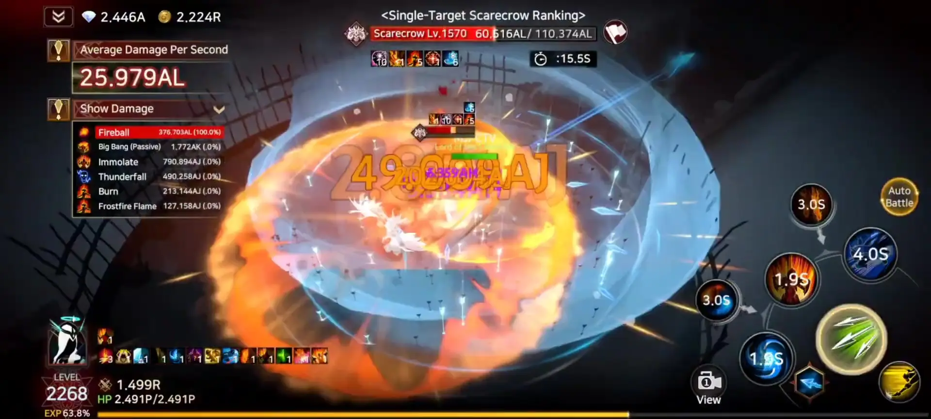 In Immortal Rising 2, a character unleashes an explosive attack engulfed in orange flames and blue energy against the Scarecrow enemy during a Single-Target Ranking battle.