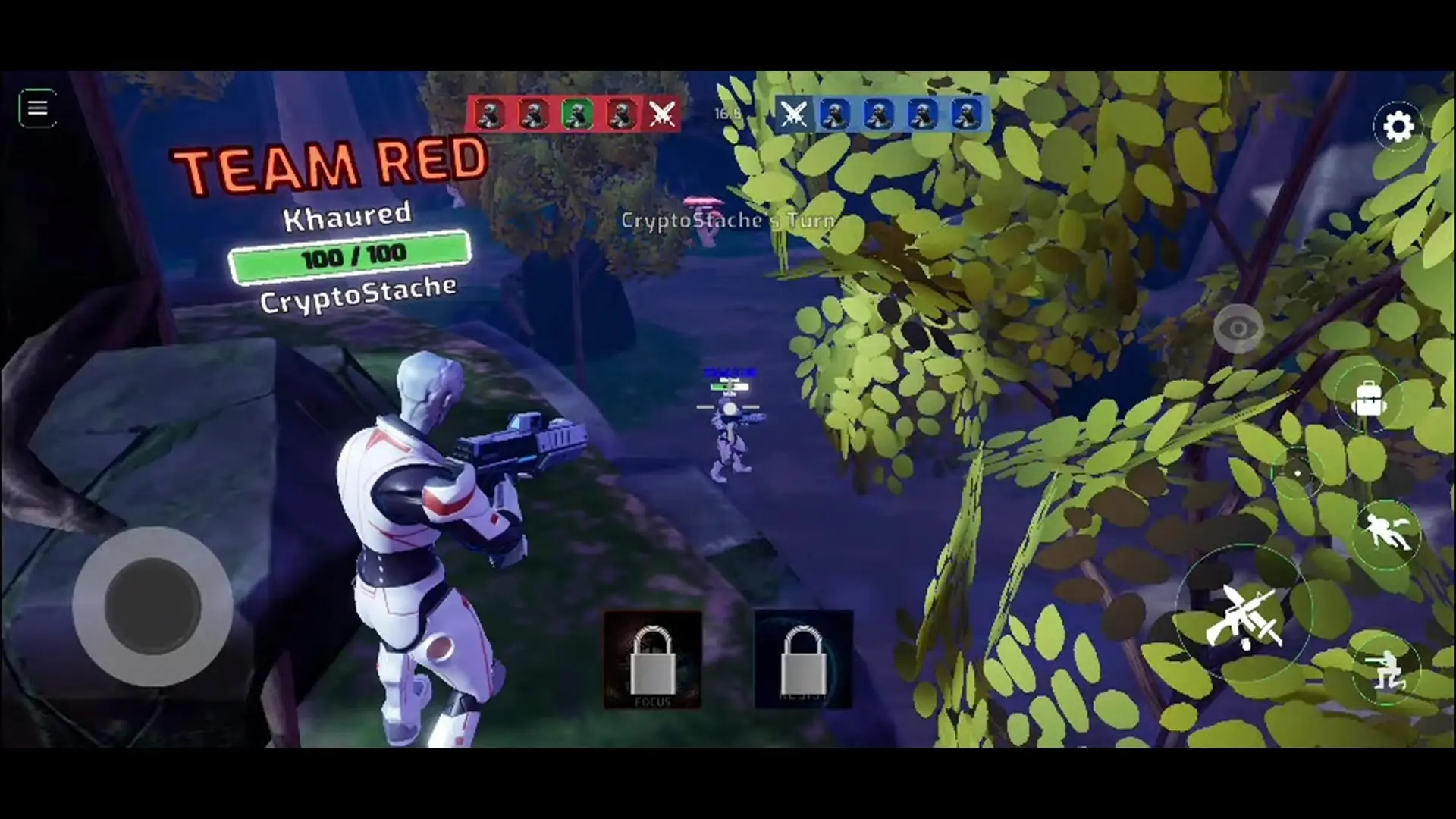 In this screenshot from Alien Worlds, a character in white armor aims a weapon at an enemy through foliage during Team Red's turn.