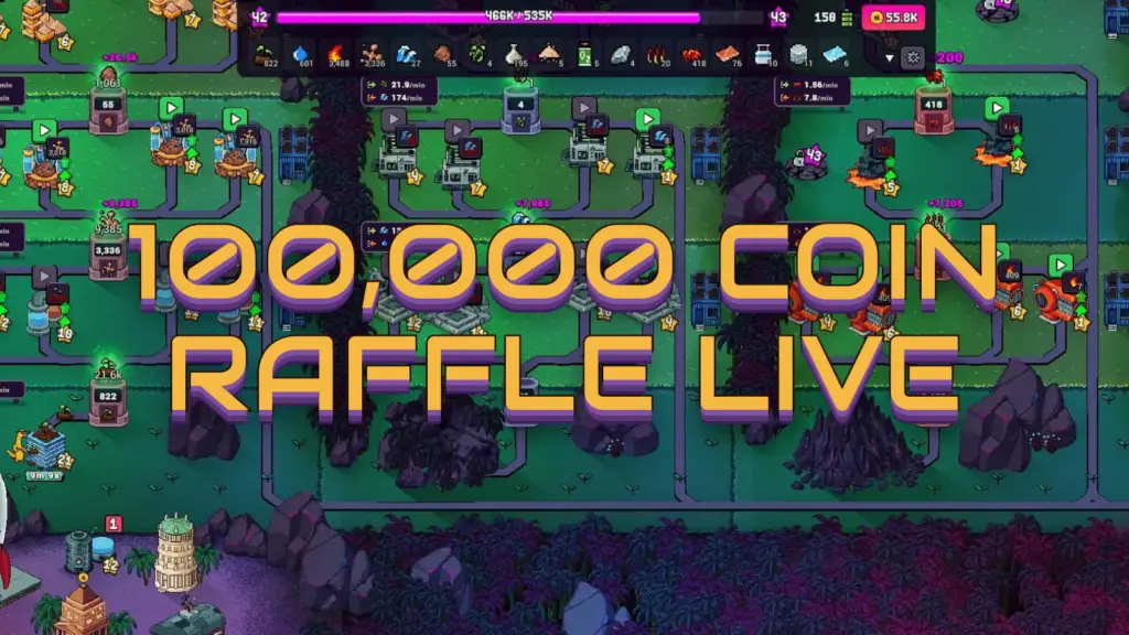 In this screenshot from Craft World, an industrial base featuring various production buildings connected by pipes is displayed beneath large text announcing a live raffle for 100,000 coins.