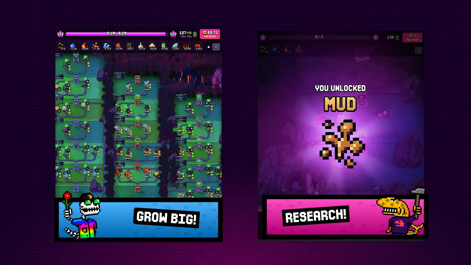 In this image from Craft World, two gameplay screens are displayed side-by-side against a purple background, where the left panel shows an active base-building map with resource counters and pixelated characters at work, while the right panel features a research unlock screen announcing 'MUD' alongside its icon.