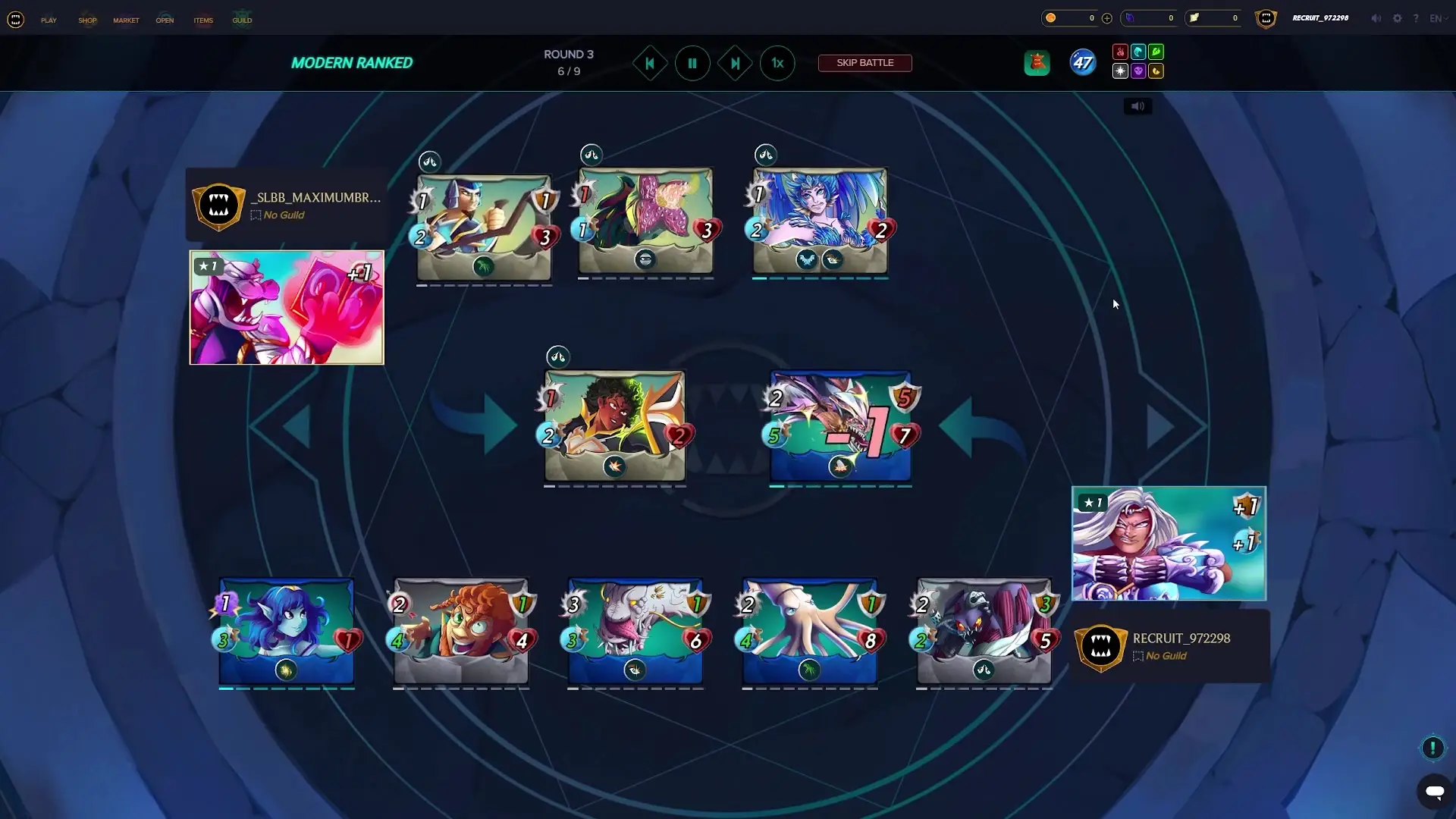 In this screenshot from Splinterlands during Round 3 of a Modern Ranked match, two opposing teams display their fantasy creature cards on a dark blue arena background with glowing geometric lines and directional arrows indicating the battle formation.