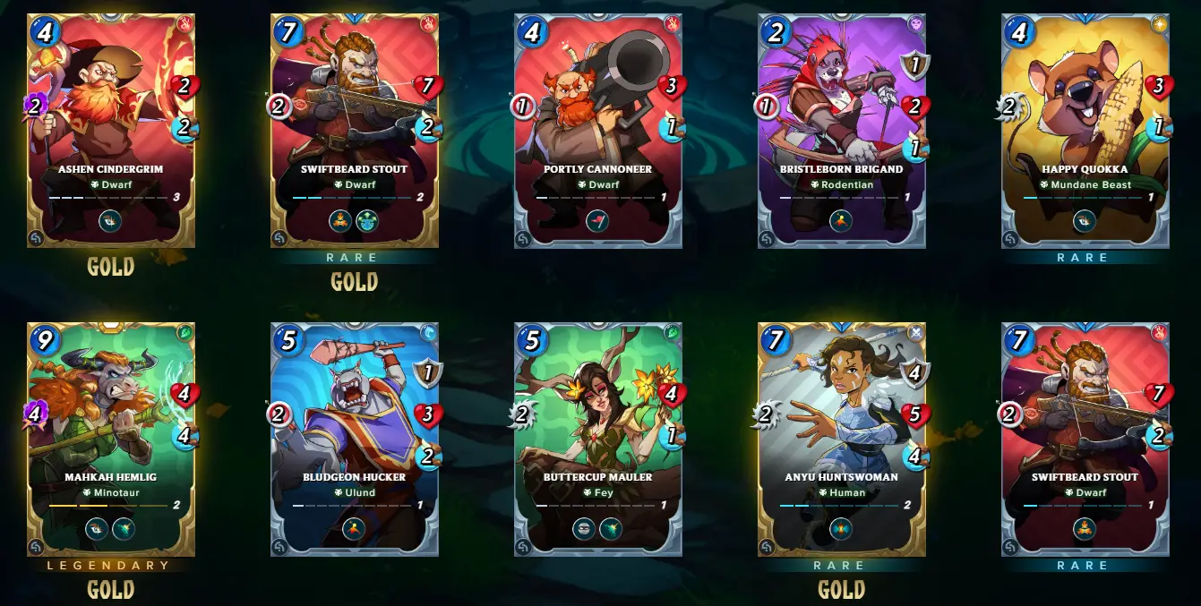 In this image from Splinterlands, ten collectible cards featuring various fantasy creatures are displayed in two rows against a dark background.