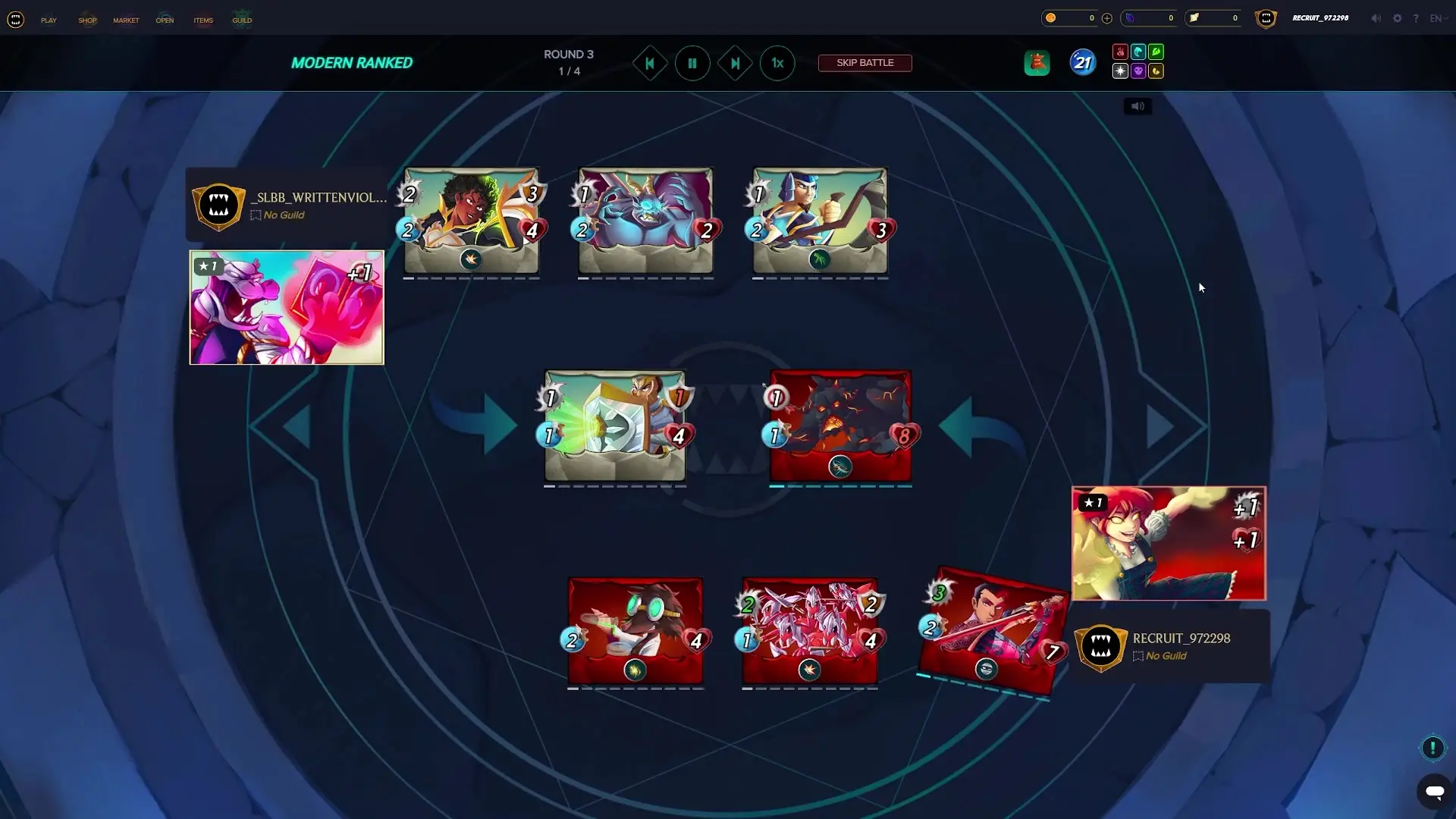 In this screenshot from Splinterlands, two players face off in a Modern Ranked battle during Round 3 of 4 on a dark blue arena background with glowing teal geometric lines. The opposing teams are arranged in three rows: the top row features cards for player _SLBB_WRITTENVIOL..., while the bottom and middle rows display cards for RECRUIT_972298, each card showing character art, stats like mana cost, attack power, health points, and elemental icons.