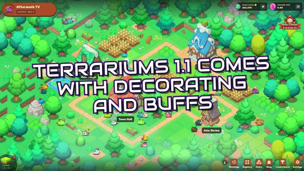 In this screenshot from Axie Infinity: Terrariums, various small creatures roam through a lush green landscape featuring buildings like the Town Hall and Atia Shrine alongside crops under an overlay announcing updates to decorating and buffs.
