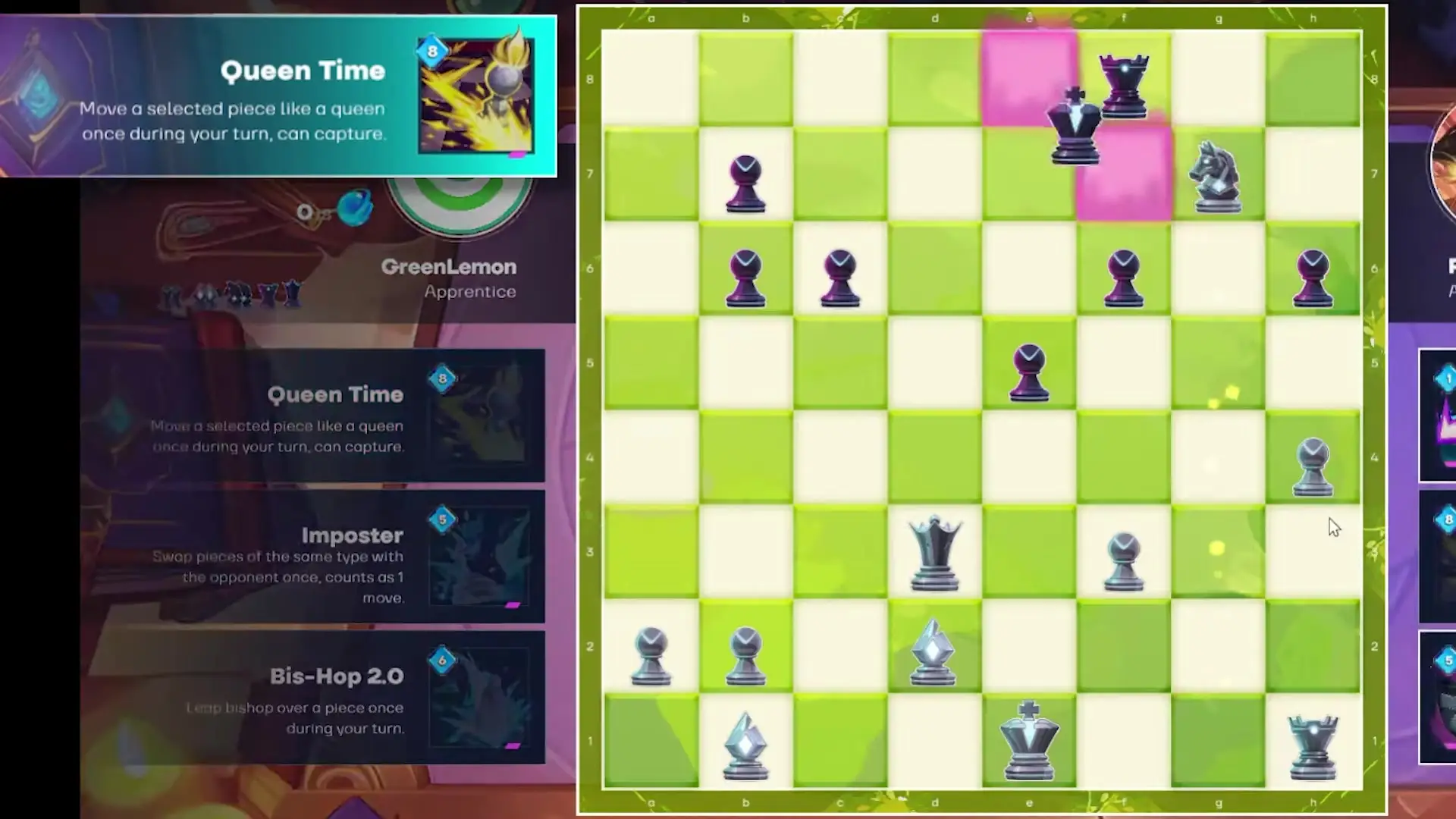 In this screenshot from anichess, a chessboard displays pieces in mid-game on green and cream squares while the left panel lists special abilities like Queen Time for player GreenLemon.