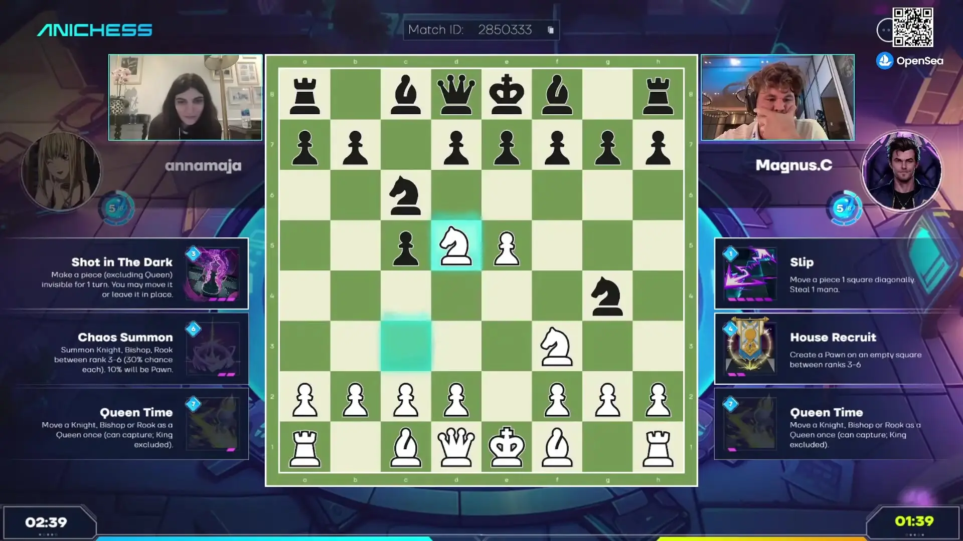 In this screenshot from an Anichess match identified by ID 2850333, players annamaja and Magnus.C are shown via webcam feeds on either side of a digital chessboard where white has just moved their knight to d5.