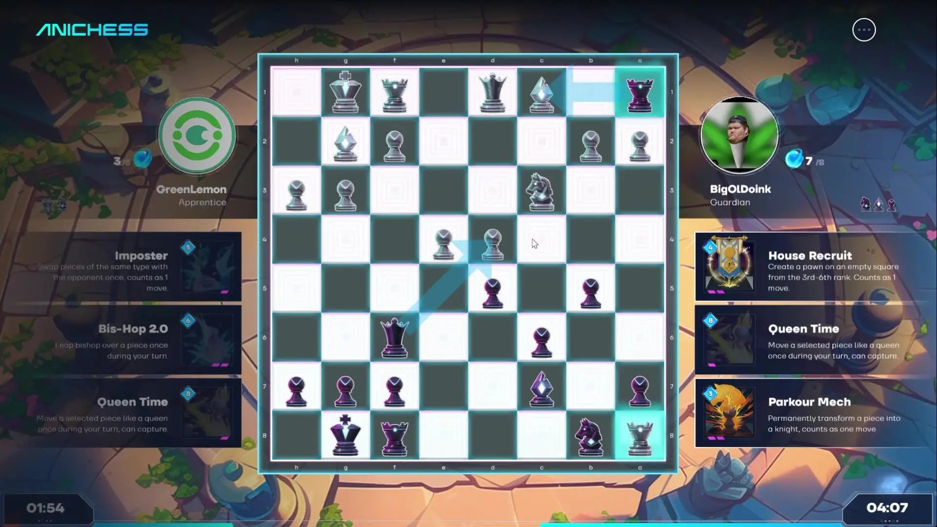 In this screenshot from anichess, players GreenLemon and BigOlDoink face off on a glowing chessboard where purple pieces are positioned against silver ones during gameplay.
