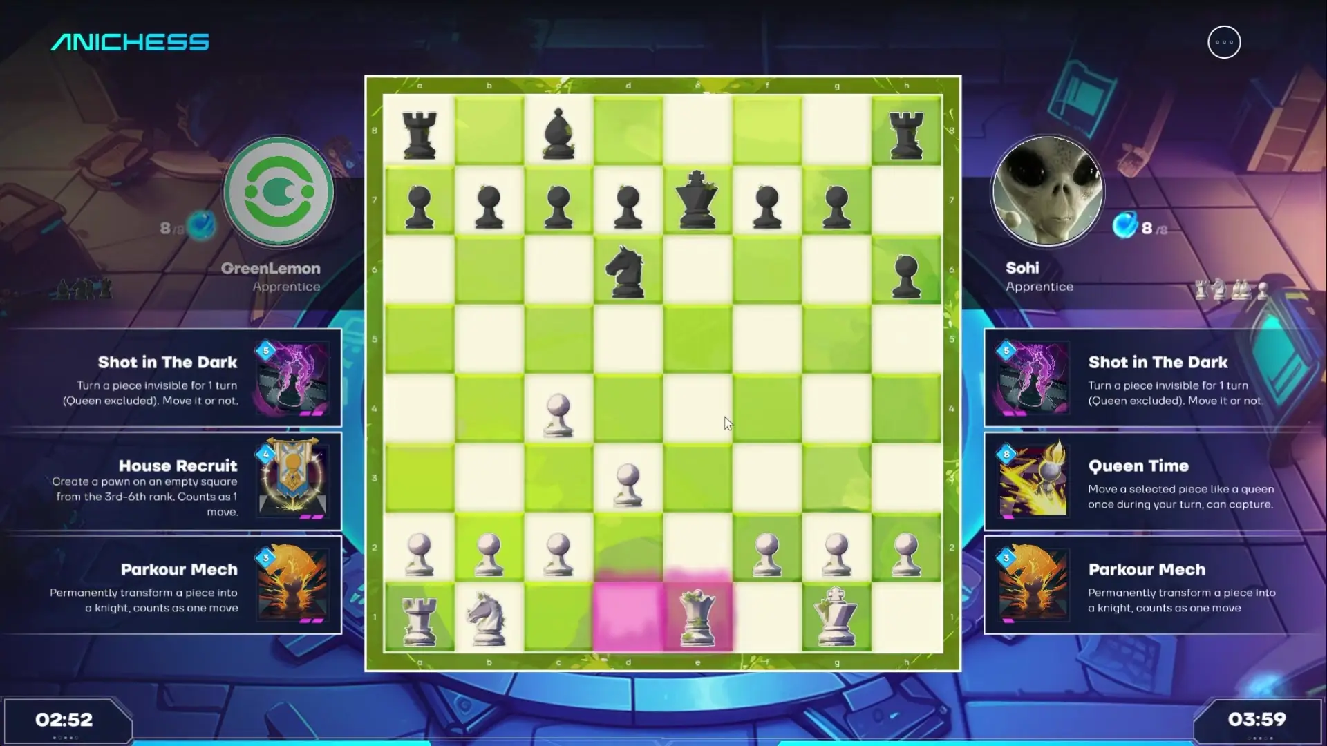 In the game Anichess, a chessboard is displayed at the center with various pieces in play, surrounded by player information on the sides and special move options below, set against a stylized digital background.