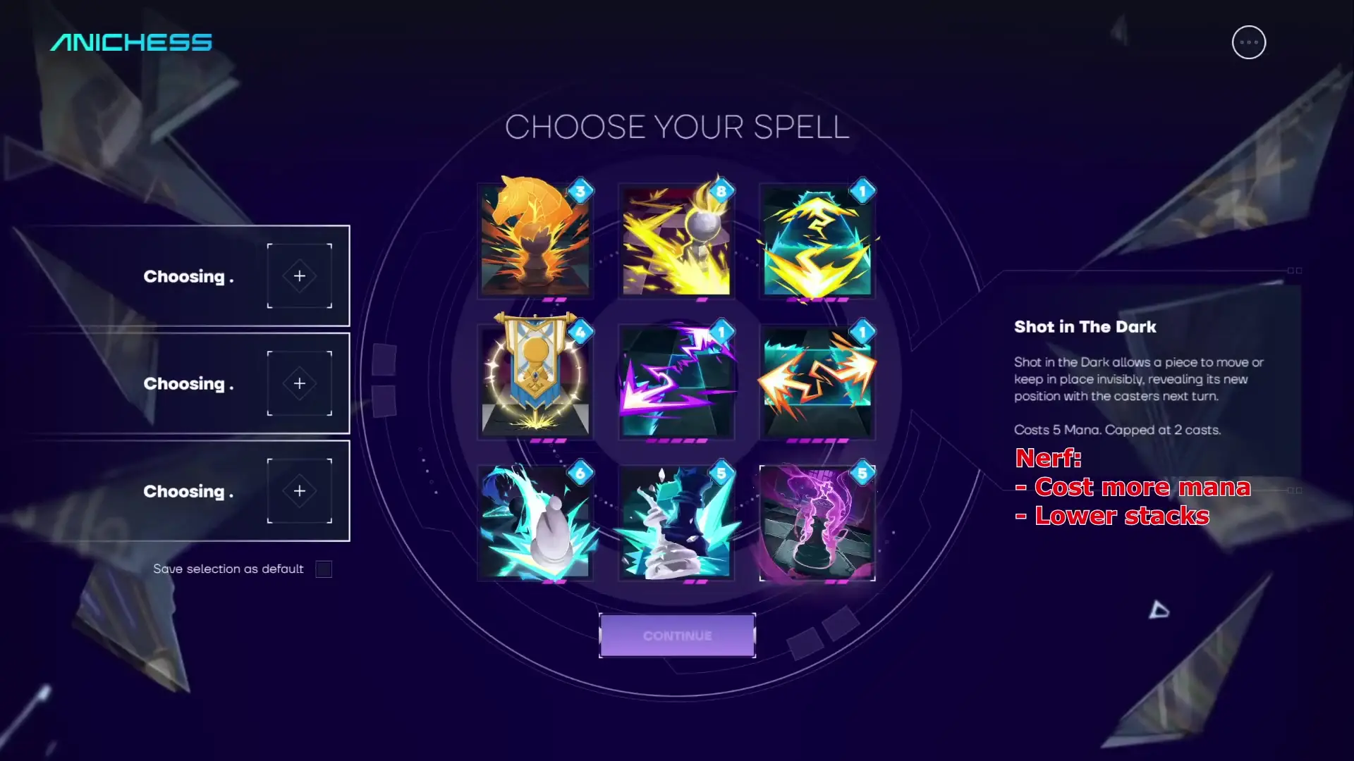 In the game 'anichess,' a screen displays a selection of nine brightly colored spells for players to choose from, accompanied by descriptive text about a spell called 'Shot in The Dark' with its mana cost and limitations.
