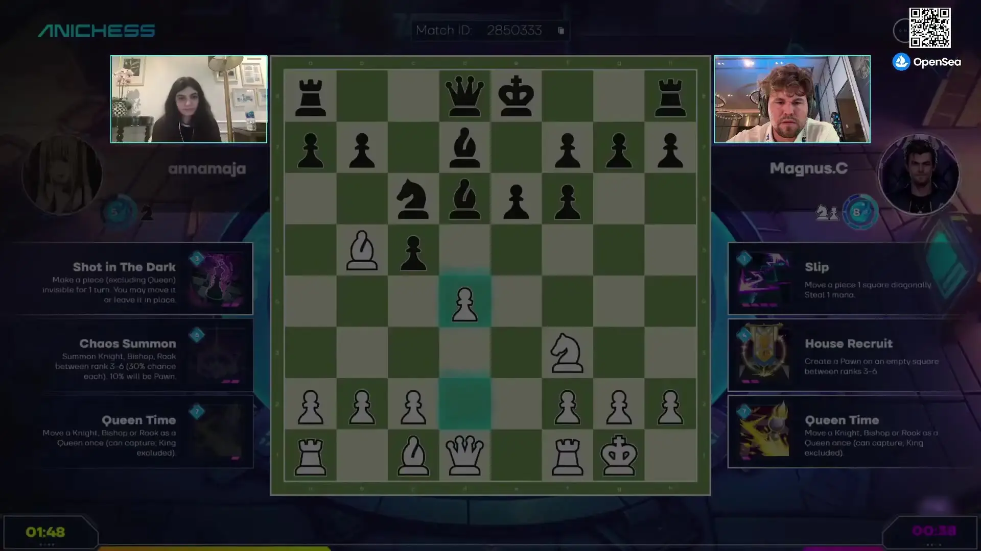 The image from anichess shows a digital chess game interface with a central chessboard, character portraits on either side representing players, and special move options displayed below.