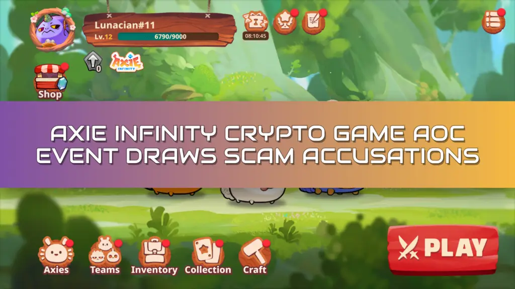 A screenshot of the Axie Infinity game interface shows an overlay headline reading 'AXIE INFINITY CRYPTO GAME AOC EVENT DRAWS SCAM ACCUSATIONS,' set against a background featuring character stats, menu icons like Shop and Inventory, three partially visible creatures in a grassy outdoor environment.