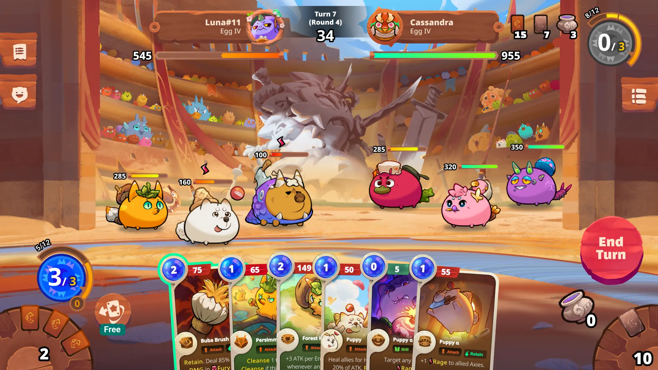In this screenshot from Axie Infinity during turn seven of round four in an arena setting, two opposing teams face off as one player holds cards for the currently active unit while health bars and abilities are displayed on screen.".