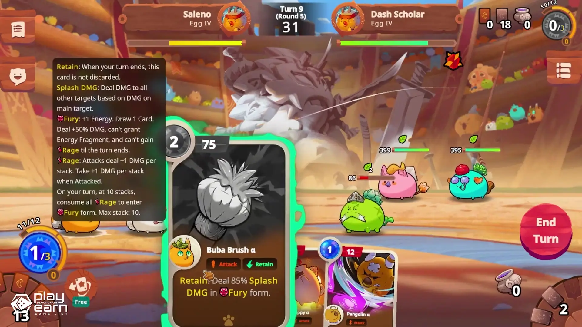 In this combat screenshot from Axie Infinity, the player is in turn nine using an energy card named Buba Brush to deal splash damage against three enemy creatures labeled Saleno and Dash Scholar on a battlefield featuring stone statues of warriors.