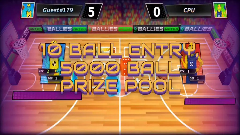 The image from Ballies Basketball shows a digital basketball court with two animated characters, labeled with stats such as ATK and DEF, positioned in front of two opposing hoops, and a large text overlay highlighting a 10 ball entry and a 5000 ball prize pool.