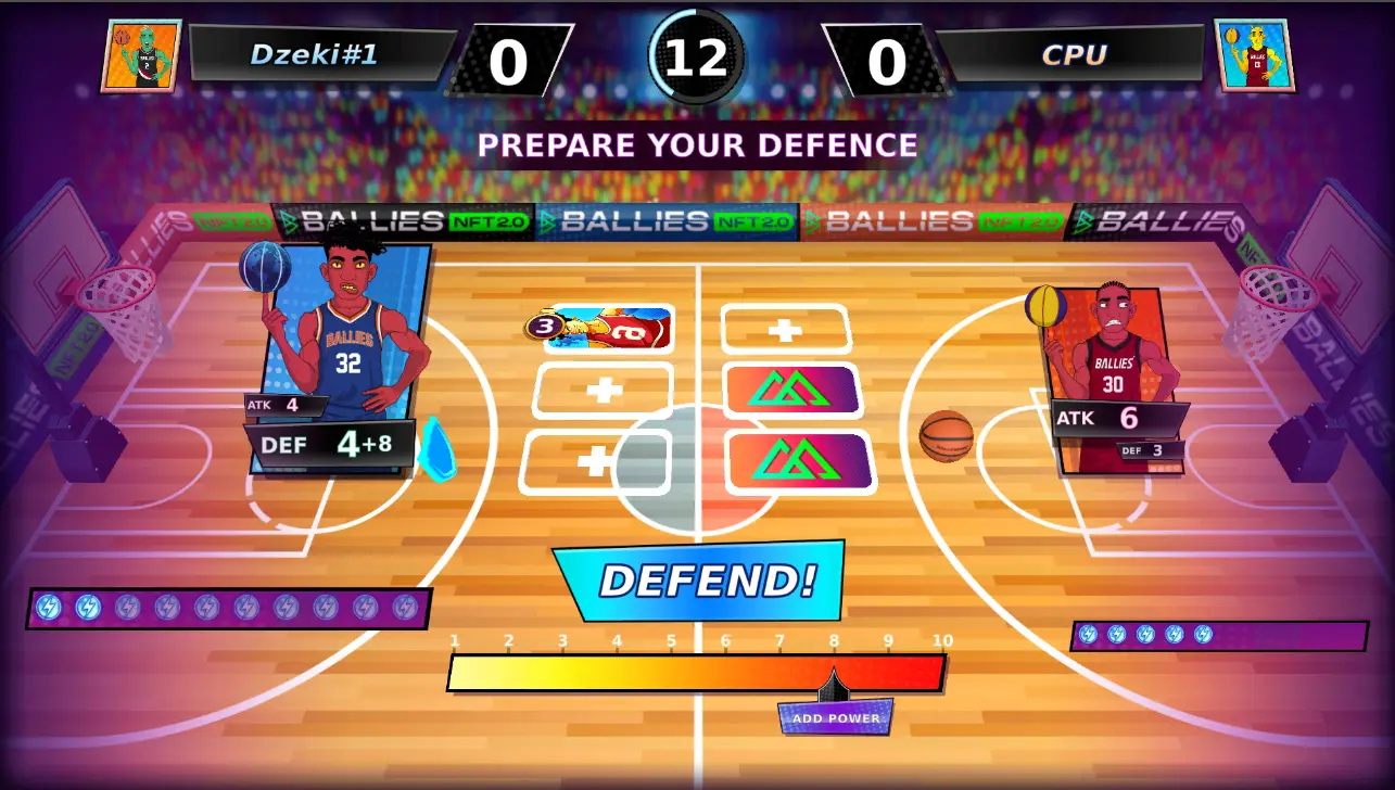 In the game 'Ballies Basketball', two animated characters in basketball uniforms are positioned on a court with a scoreboard above and a 'Defend!' button below, as the game prompts players to prepare their defense.
