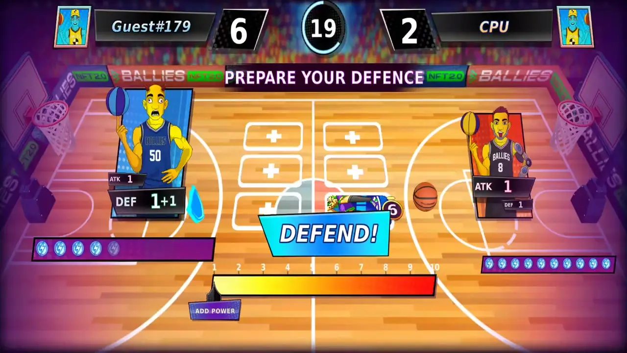 In the image from Ballies Basketball, two animated players with stats are seen on either side of a basketball court with a scoreboard showing a score of 6 to 2, while a 'DEFEND!' prompt is displayed centrally.