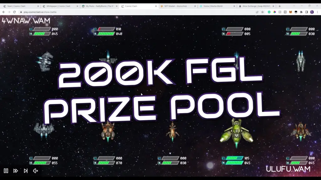 In this screenshot from cosmicclash, various spaceships are positioned in space around the large text "200K FGL PRIZE POOL" while health bars and player tags appear at the top and bottom of the screen.