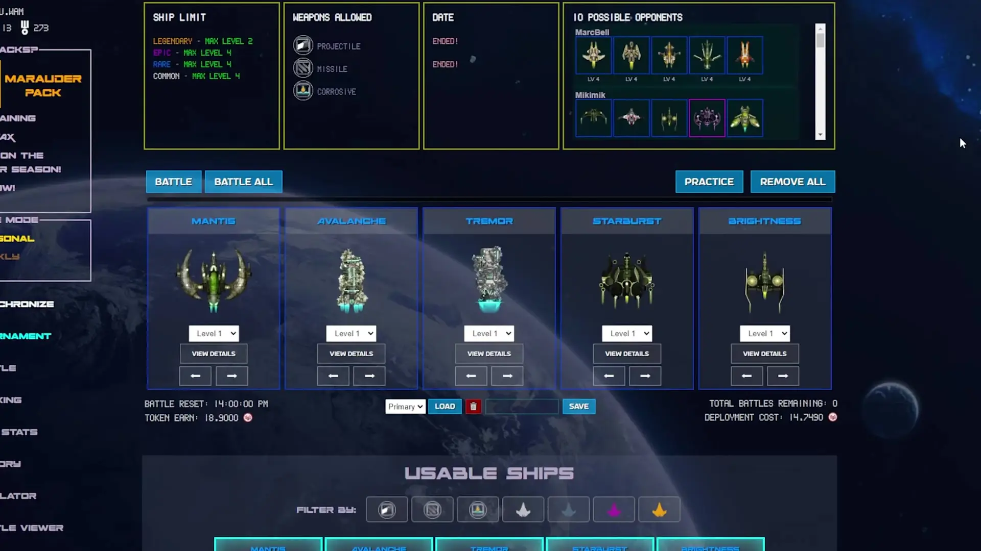 In this interface from cosmicclash, five selected ships named Mantis, Avalanche, Tremor, Starburst, and Brightness are displayed in a deployment row against a backdrop of space with planets visible.