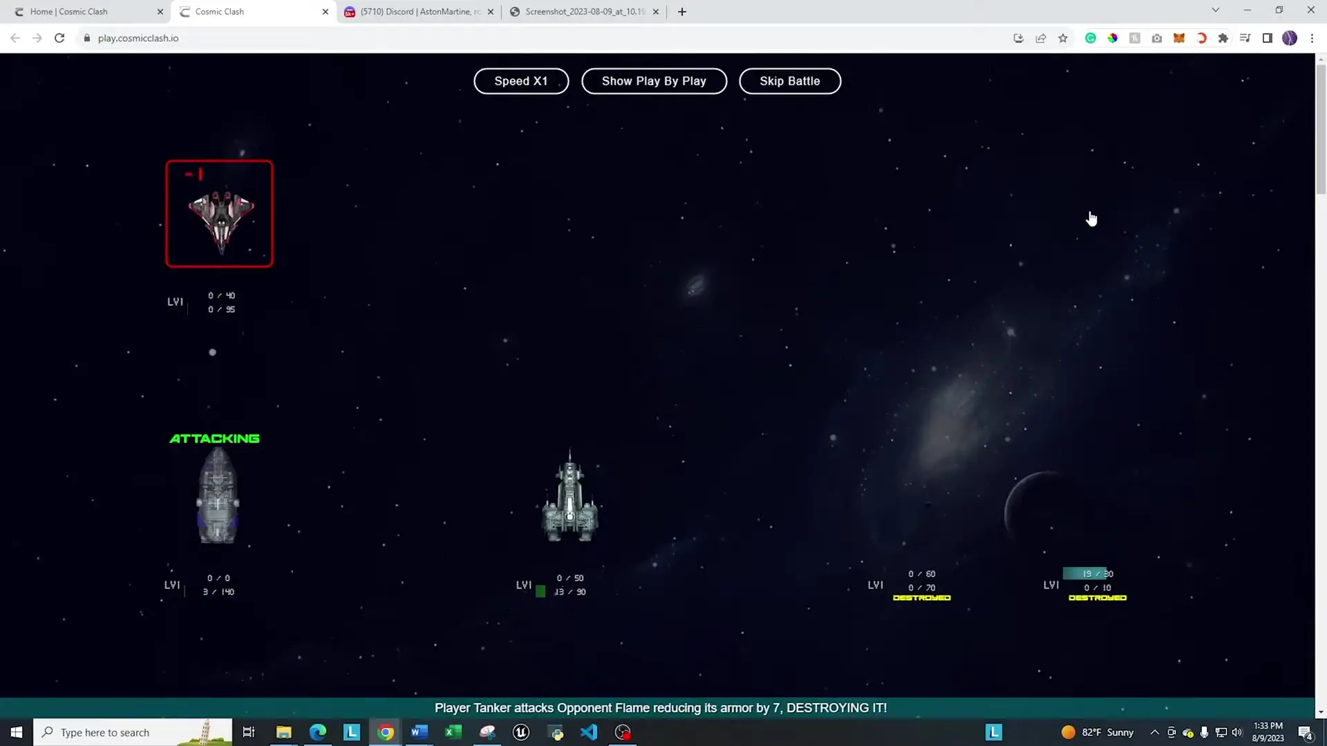 In this screenshot from Cosmic Clash, two Level 1 ships are positioned on opposite sides of a star-filled space background while the game log at the bottom indicates that Player Tanker has destroyed an opponent's Flame ship.