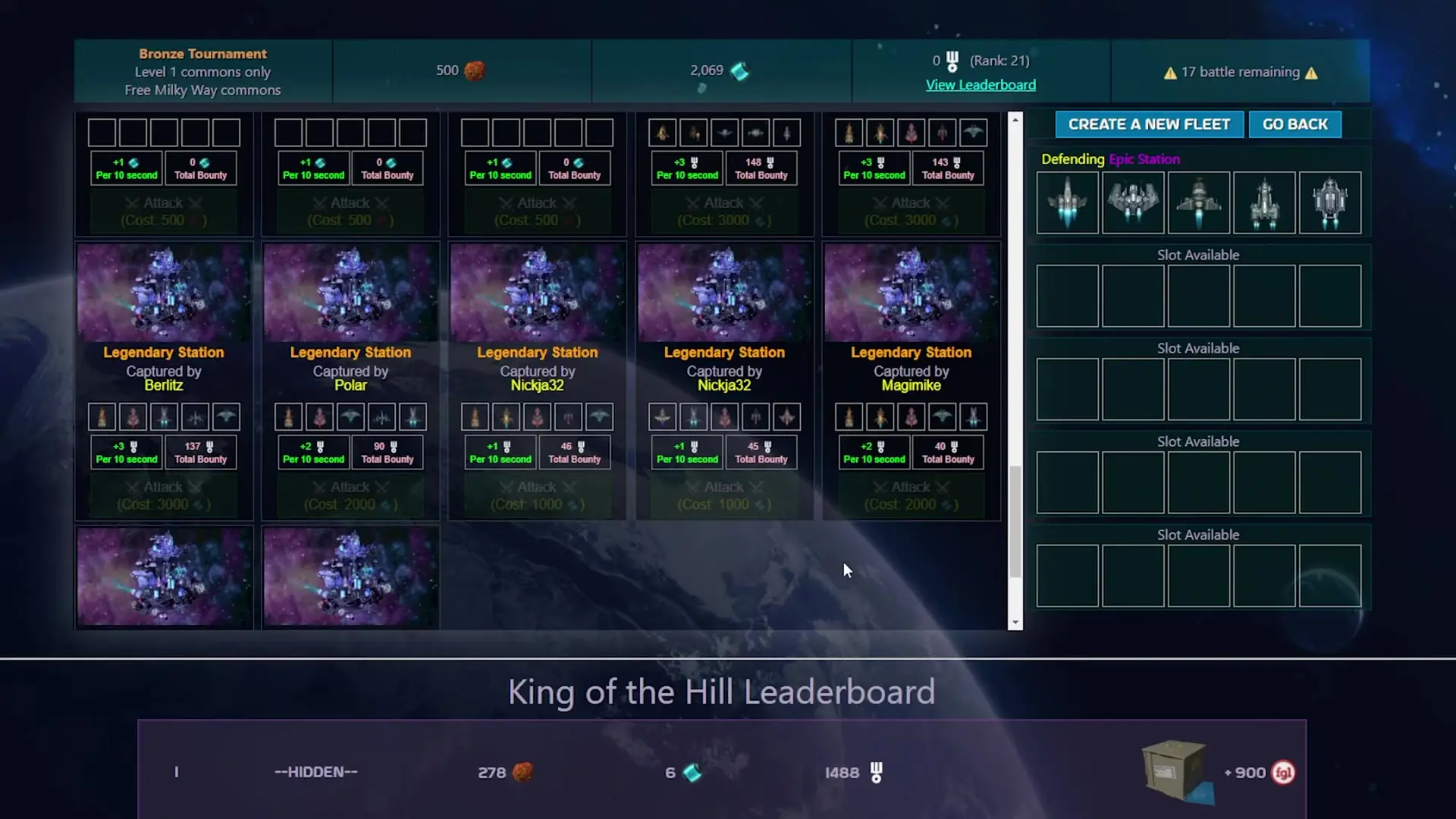 In this Cosmicclash interface for the Bronze Tournament, players view captured Legendary Stations on a planetary background while managing their fleet to defend an Epic Station from potential attacks.