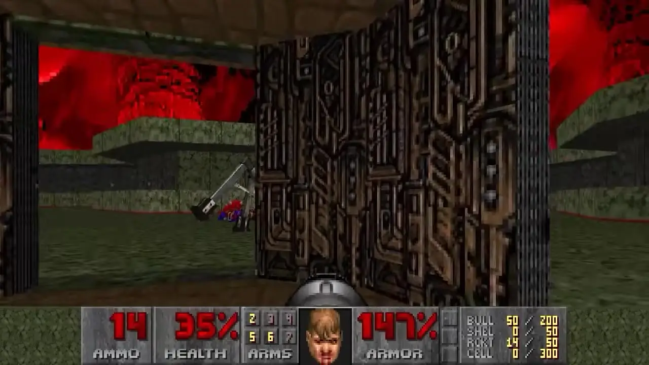 In this first-person view from DoomSol, the player character stands in a green-hued corridor facing an enemy that is falling backward near a large metallic door structure against a backdrop of red sky and floating platforms.