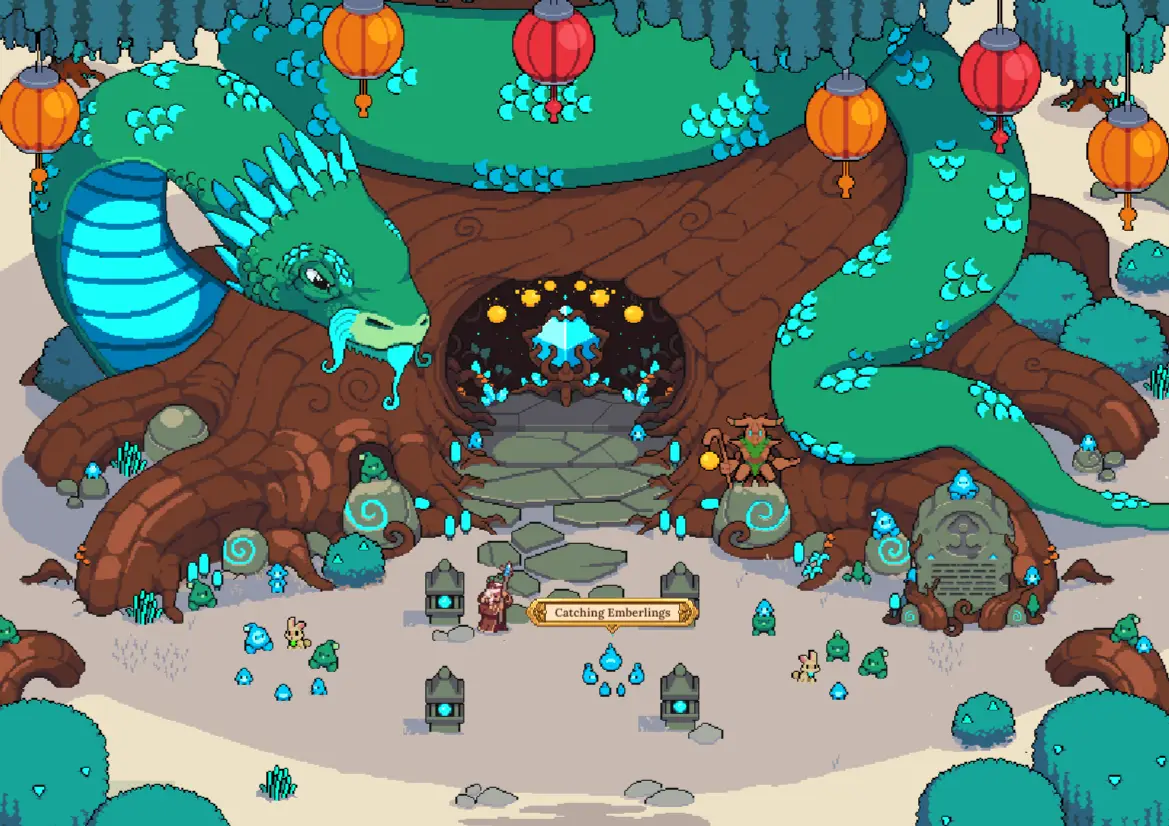 This scene from Defi Kingdoms features a large green dragon coiled around a massive tree that contains an arched entrance to a glowing cavern filled with blue crystals, while various characters and small creatures are gathered on the sandy ground in front of it beneath floating lanterns.