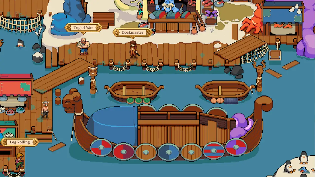 In this Defi Kingdoms scene set on a snowy dockside, characters labeled 'Tug of War' and 'Dockmaster' stand near a large Viking-style longship with round shields mounted along its side, while smaller boats float nearby in the harbor water.