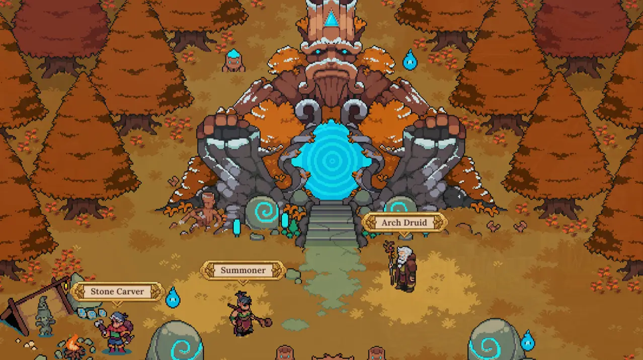 In this pixel art scene from Defi Kingdoms, characters labeled Stone Carver, Summoner, and Arch Druid are positioned around the base of a colossal stone statue holding its hands in front of a swirling blue portal set within an autumnal forest.