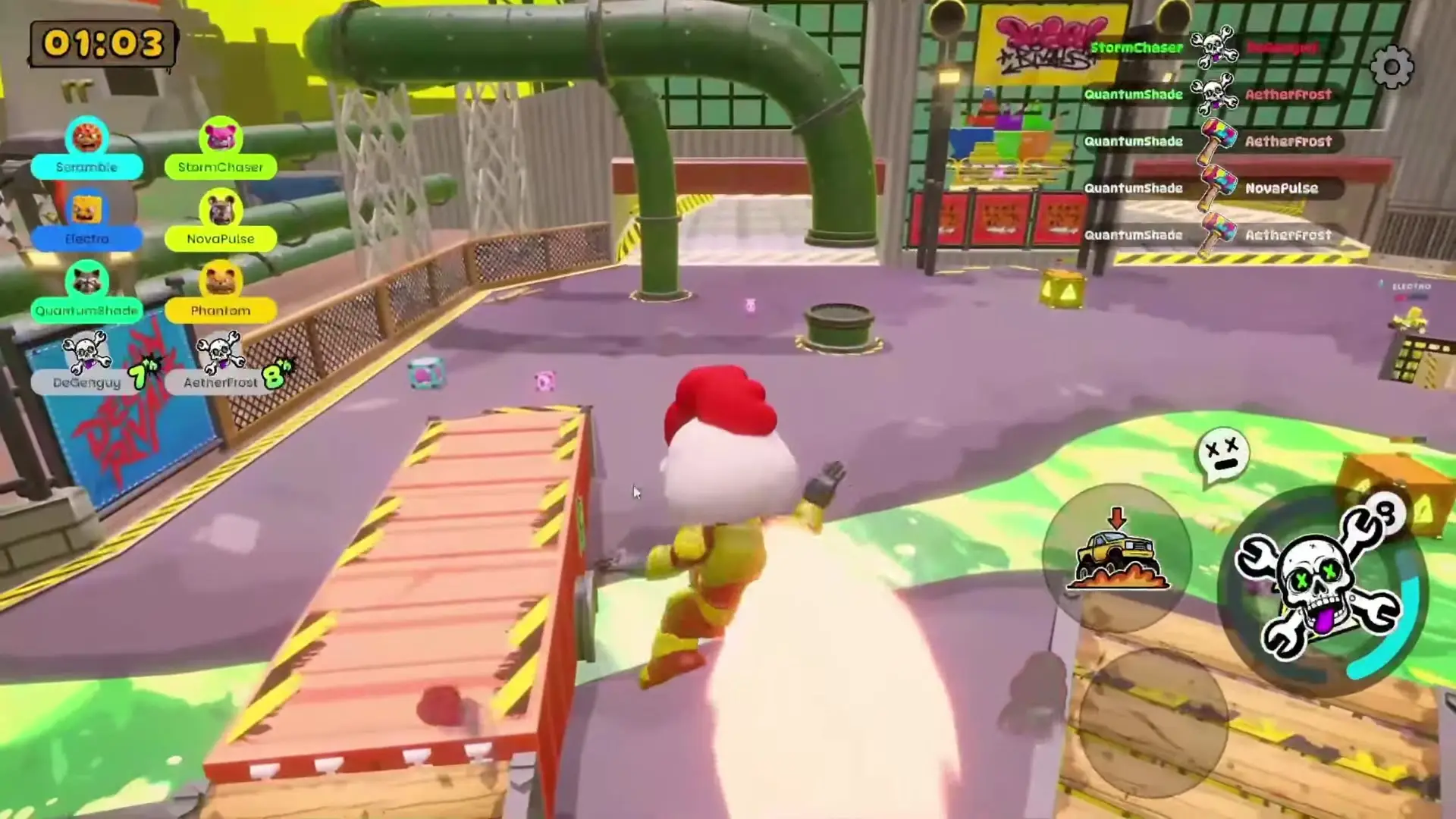 In this screenshot from Degen Rivals, a character wearing red boots and wielding a weapon dashes across an industrial map featuring green pipes and purple flooring while surrounded by user interface elements displaying player names and abilities.