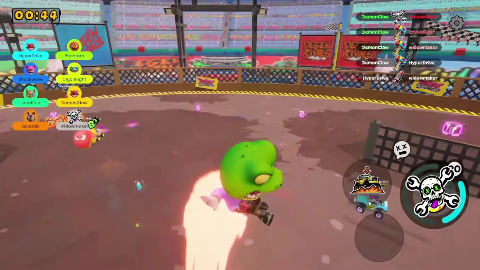 In this screenshot from Degen Rivals, multiple colorful characters are competing in an arena where one green zombie-like figure is propelled by rocket boots while others drive vehicles or stand on the track surrounded by a crowd.