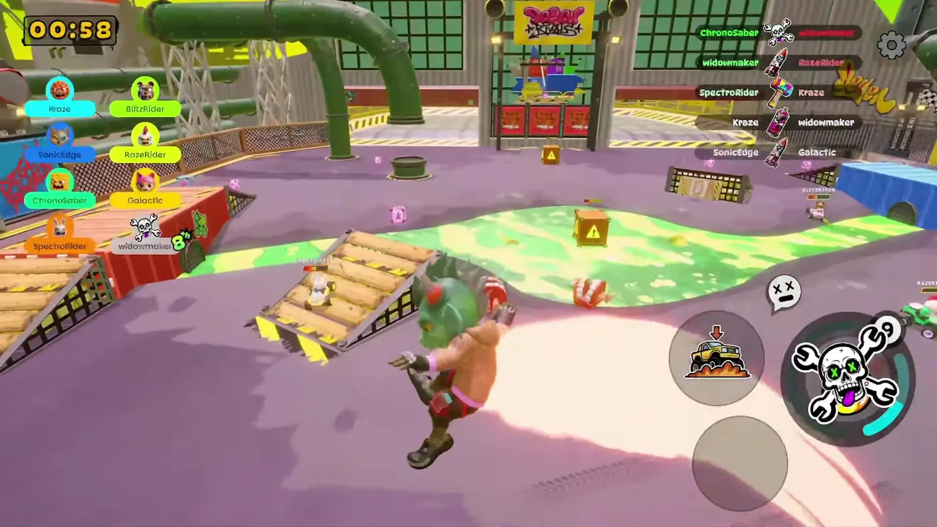 In this screenshot from Degen Rivals, an anthropomorphic green character runs across a purple arena floor while other players and colorful obstacles are visible in the background under industrial pipes.