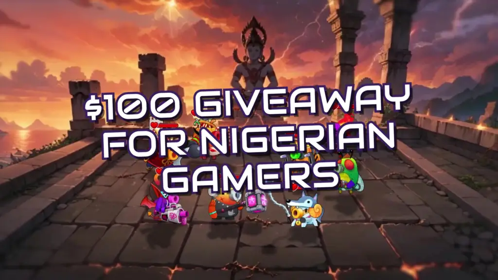 In the game 'Endless Clash,' a group of colorful characters gather on a stone platform under a sunset sky, with a large statue in the background and text overlay promoting a giveaway for Nigerian gamers.