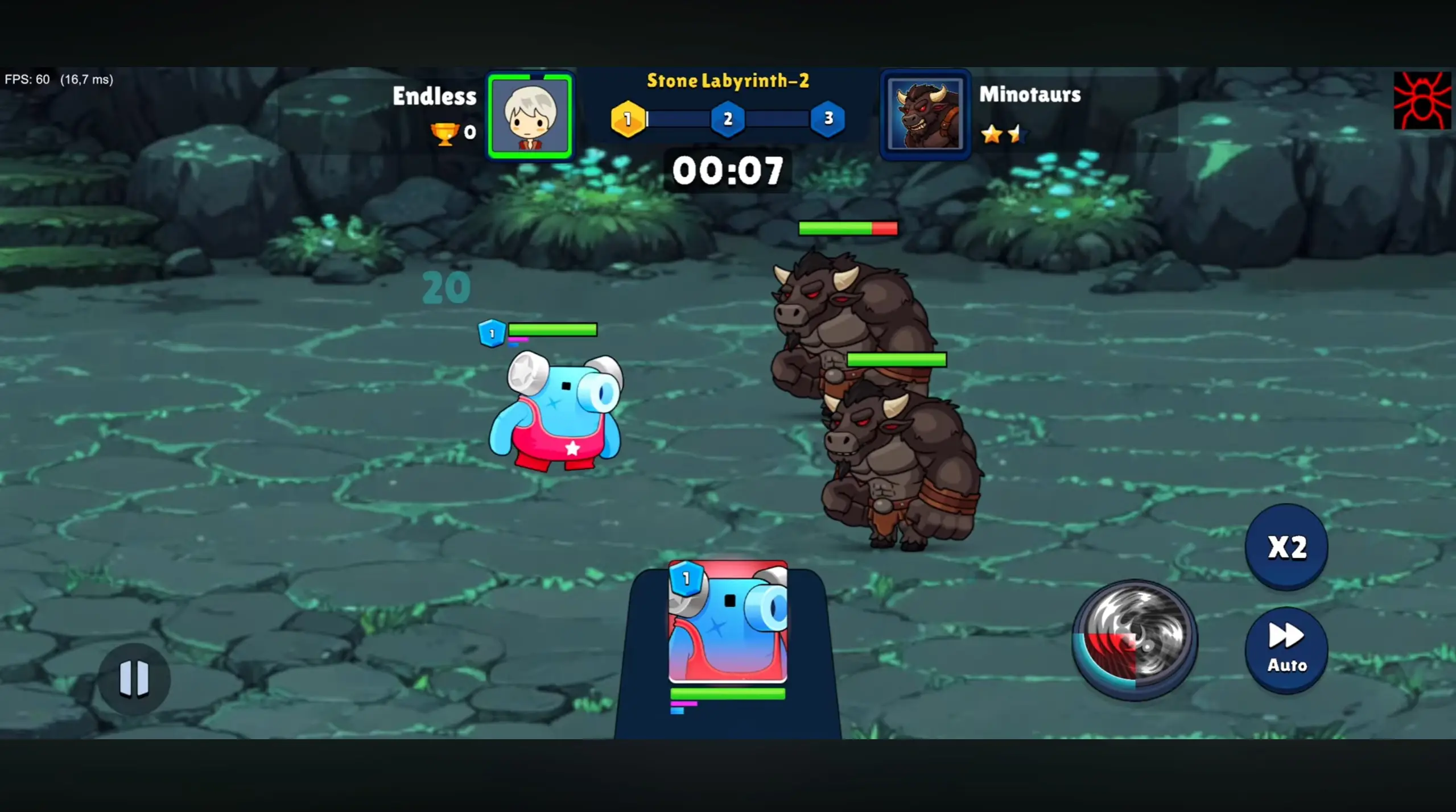 In the game 'Endless Clash', a blue creature with a red star shirt faces two brown minotaurs in a rocky, dimly lit arena.