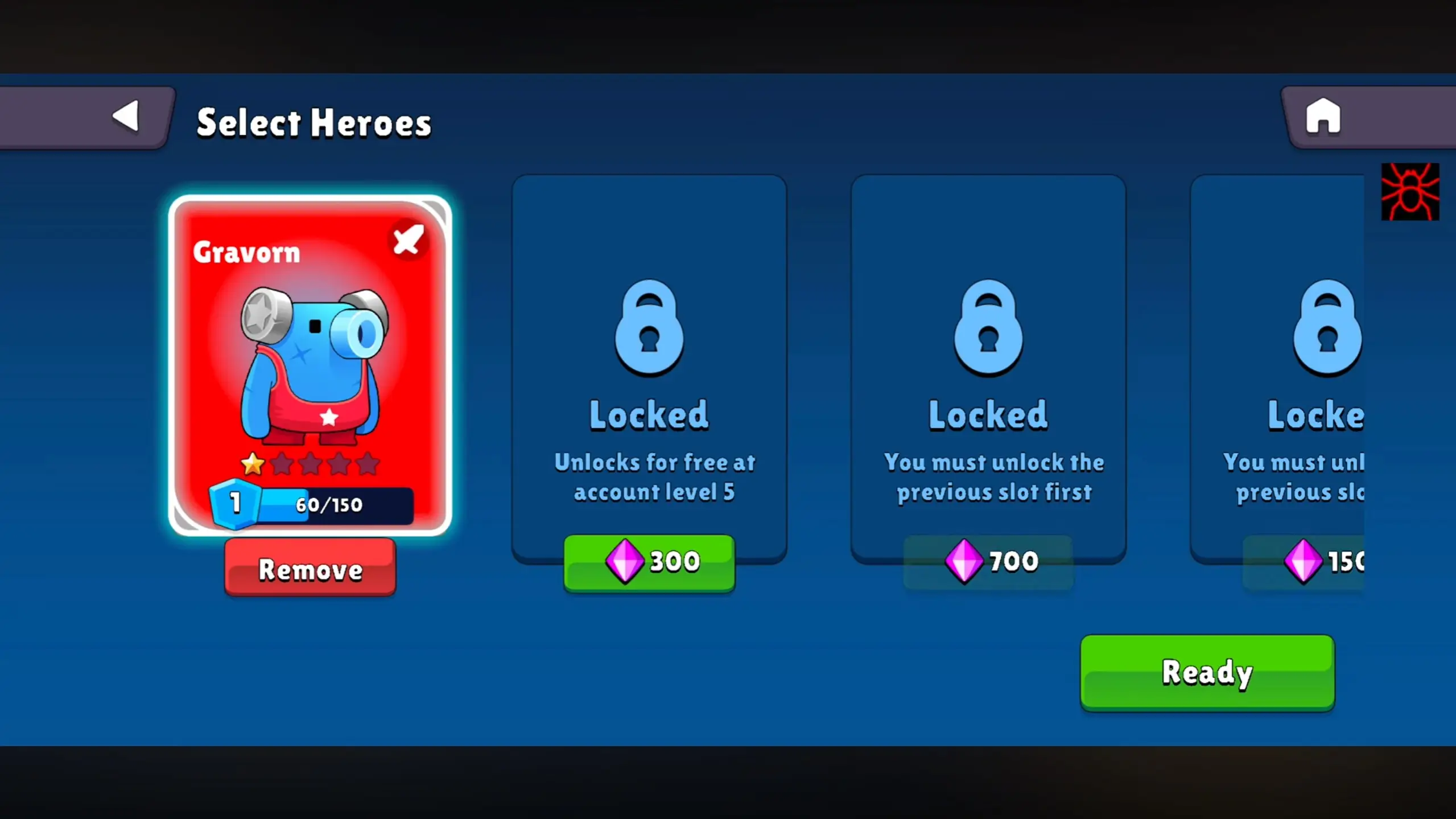 In the game Endless Clash, the image shows a hero selection screen featuring a character named Gravorn, with options to unlock additional slots that are currently locked and a green 'Ready' button at the bottom.