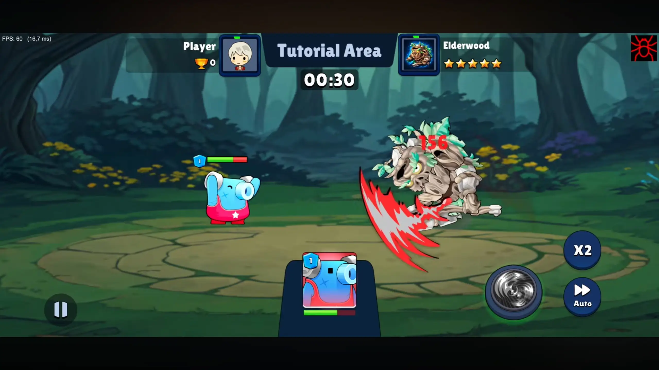 In the game Endless Clash, a blue creature with a red vest faces off against a large, tree-like beast in a forest setting, as an attack shows a damage indicator of 156.