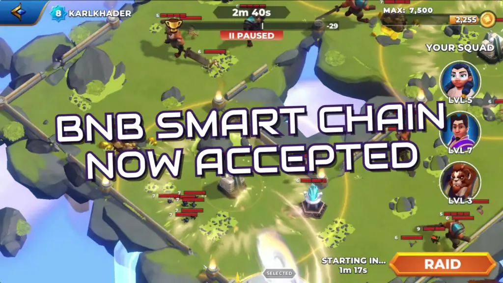 In this paused gameplay screenshot from Fableborne, characters are positioned on an isometric green landscape near structures while large text announces that BNB Smart Chain payments are now accepted.