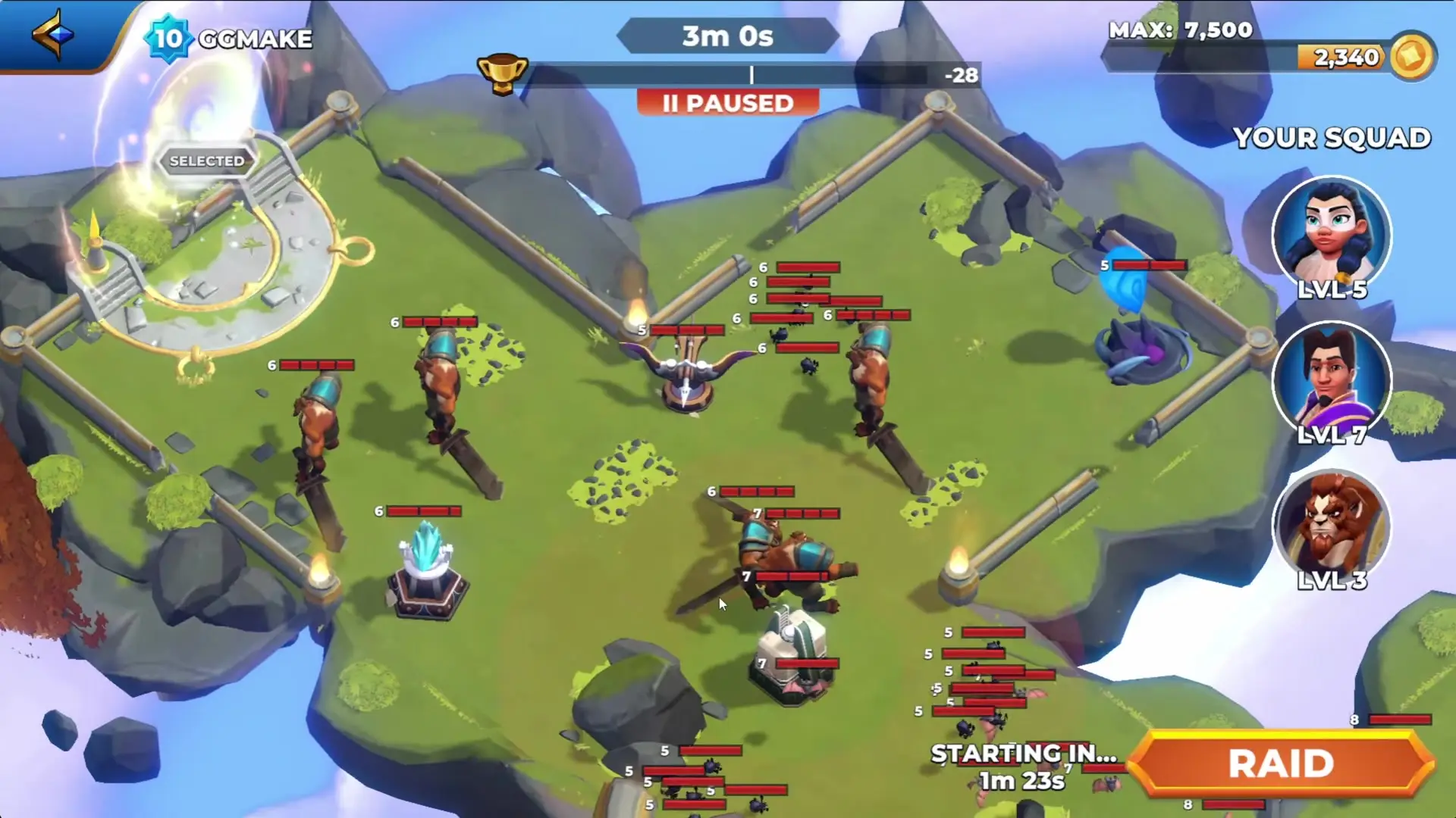 A paused gameplay screenshot from Fableborne displays an isometric view of a green island map where various characters and structures are positioned, surrounded by user interface elements including squad portraits on the right and resource counters at the top.